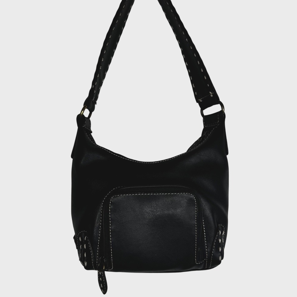 Vintage Y2K Nine West Faux Leather Black Shoulder Bag White Contrast Stitching